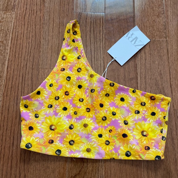 NWT Zara cropped one shoulder retro sunflower print top - Picture 5 of 8